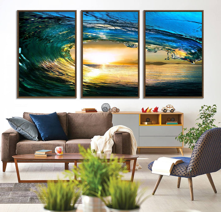 The Ocean Wave at Sunset Canvas Art exudes a coastal vibe.