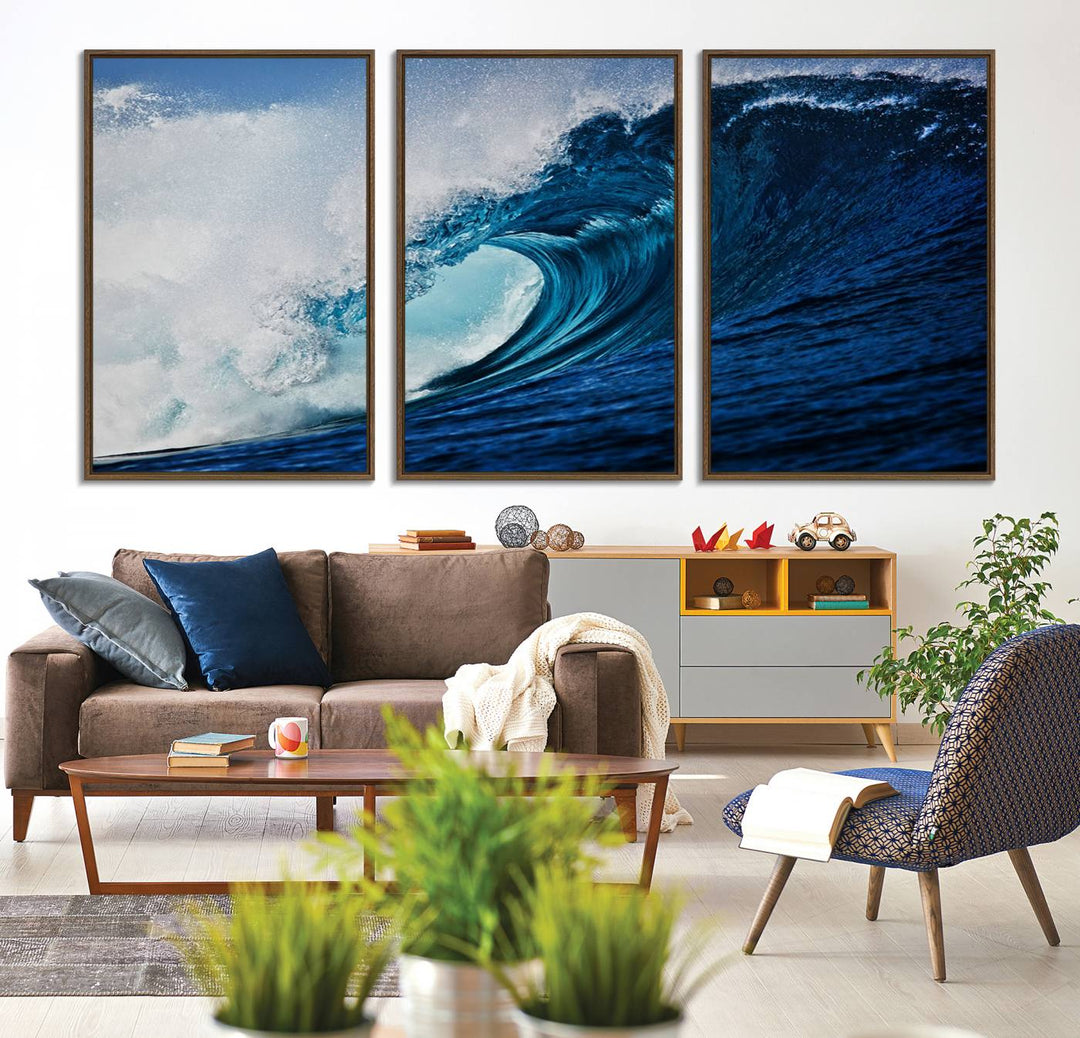 Ocean Wave at Sunset Canvas: A vibrant coastal art piece perfect for modern minimalist decor.