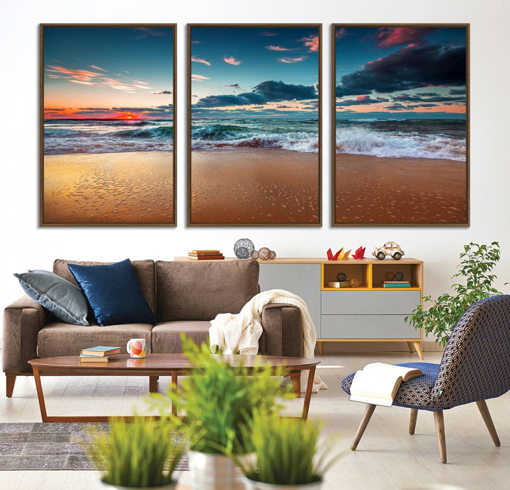 A large 3-panel sunset ocean beach canvas is displayed above the counter.