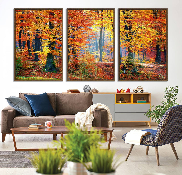 The room features an Autumn Red Forest Triptych Canvas Wall Art.