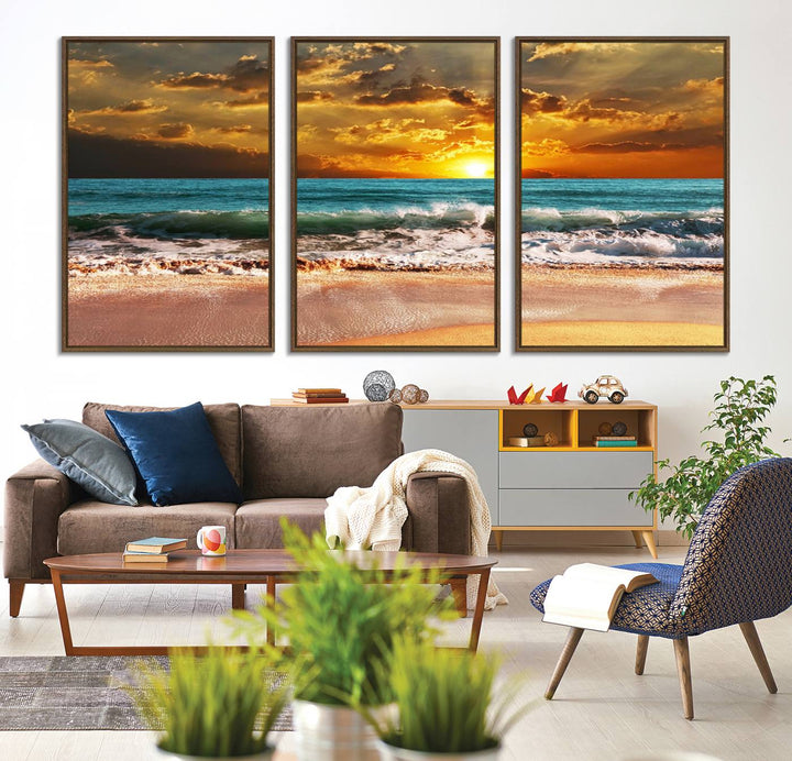 Golden Sunset Beach Canvas Triptych adorns the cozy room, creating a stunning focal point.