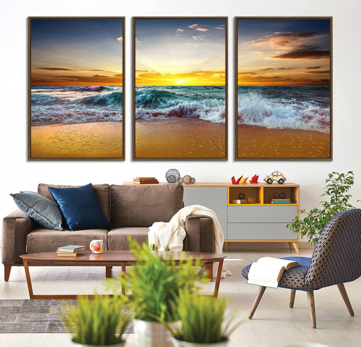 The kitchen features the Golden Sunset Ocean Waves multi-panel coastal wall art canvas.