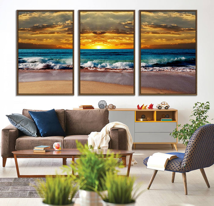 The Ocean Sunrise Over Golden Beach Waves wall art is prominently displayed, capturing the serene beauty of a beach at sunrise.