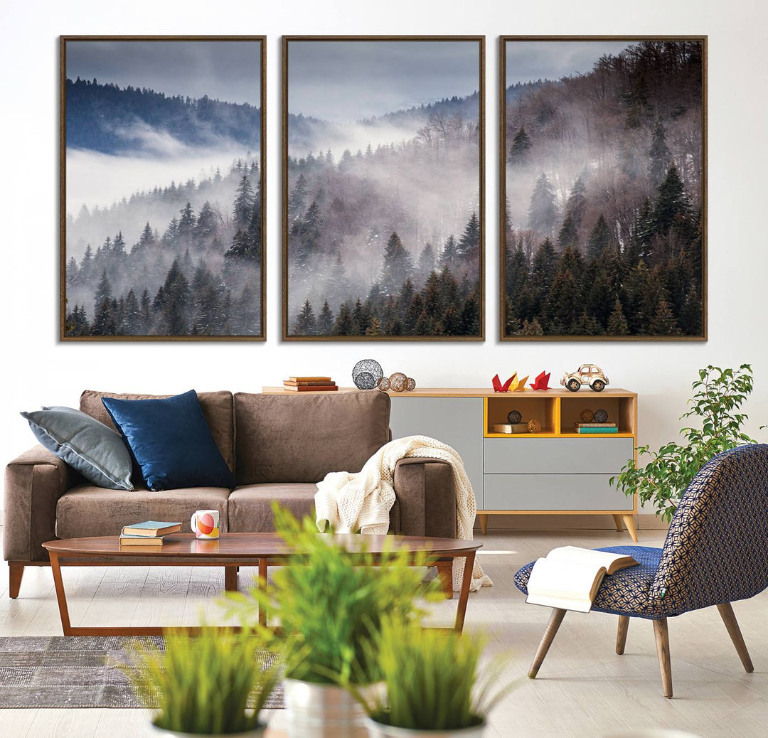 A museum-quality canvas of Beautiful Rising Fog in Winter Mountain Landscape hangs on the wall.