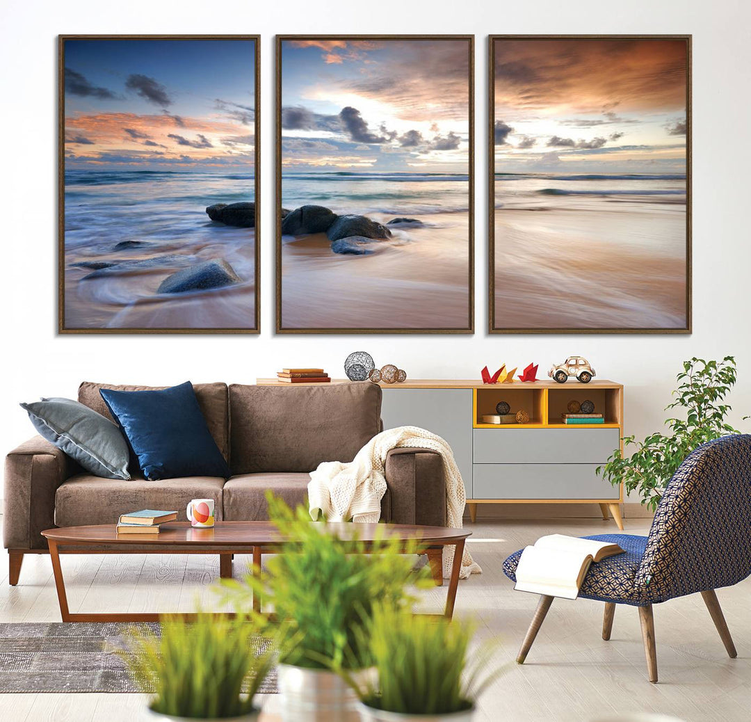 The Serene Weather On The Beach wall art canvas is ready to hang.