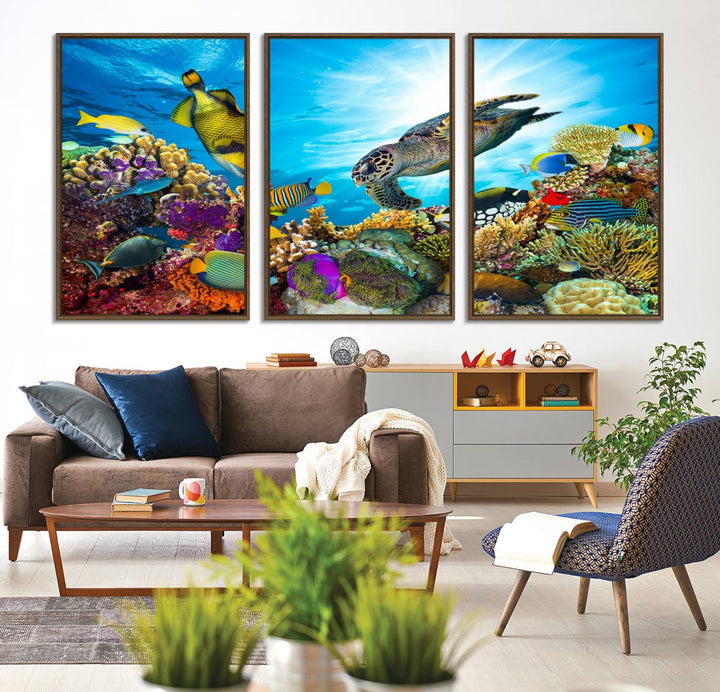 Aquatic Life Sea Turtles Fish Wall Art on canvas, perfect for adding a touch of marine beauty to your space.