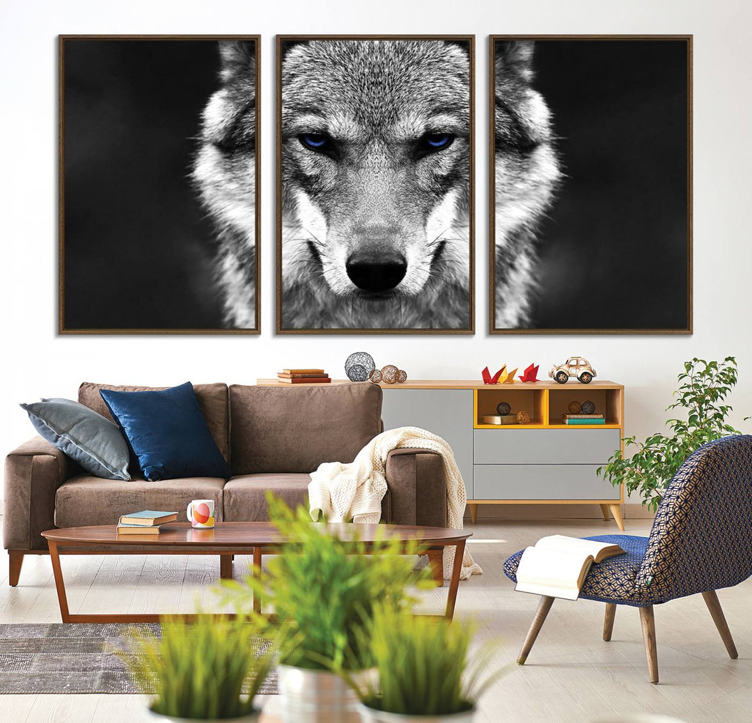 A ready-to-hang Black and White Wild Wolf Wall Art Canvas Print.