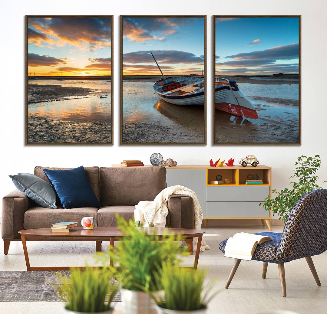 The Small Boat At The Beach Sunset wall art canvas print features UV coating, is museum-quality, and is ready to hang.