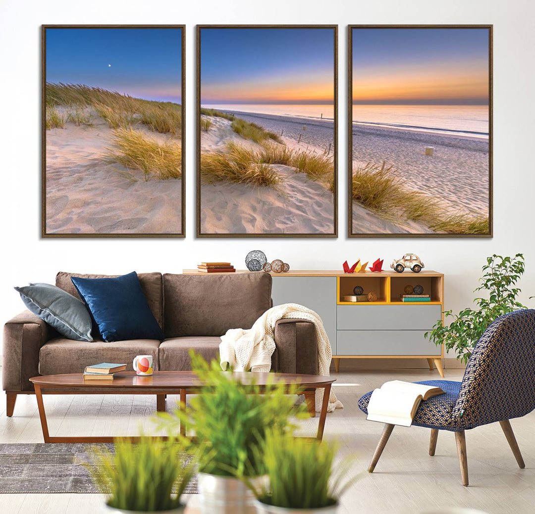 The cozy kitchen features the Sunrise On The Beach canvas art.