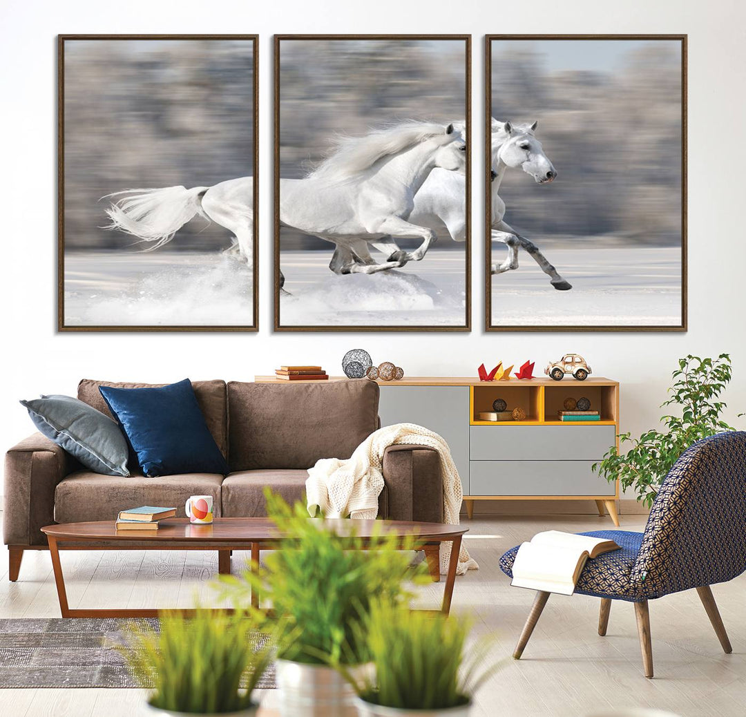 Museum-quality All The White Horses canvas print of two white horses in snow, ready to hang.