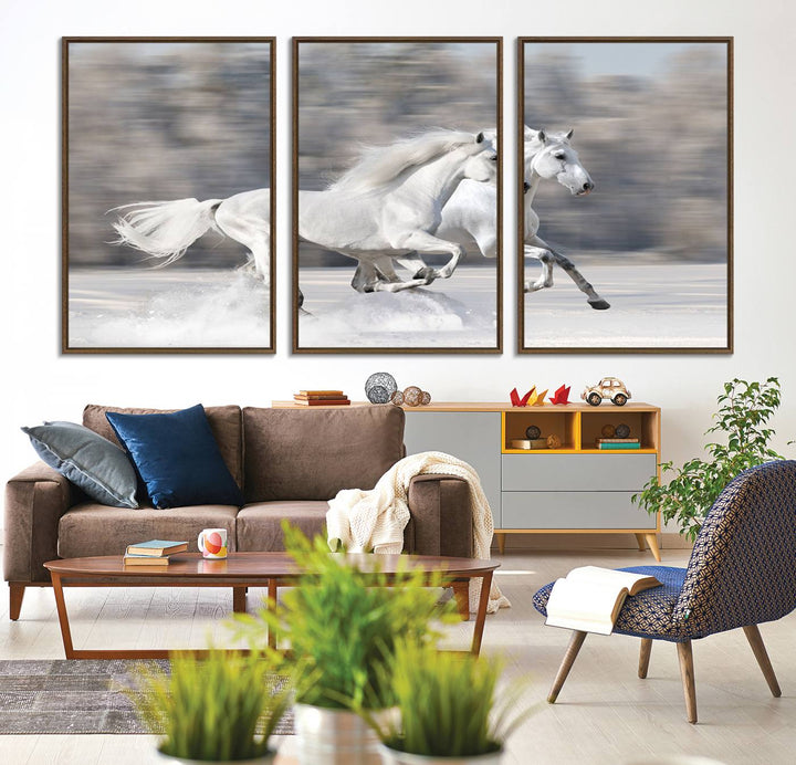 Museum-quality All The White Horses canvas print of two white horses in snow, ready to hang.