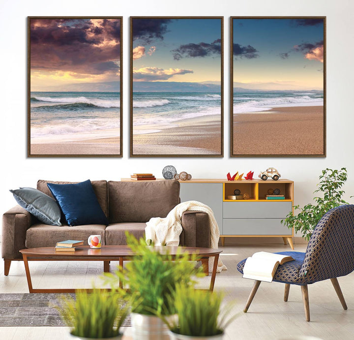 The dining area is enhanced with the Cloudy Weather Beach Sunset Canvas Print.