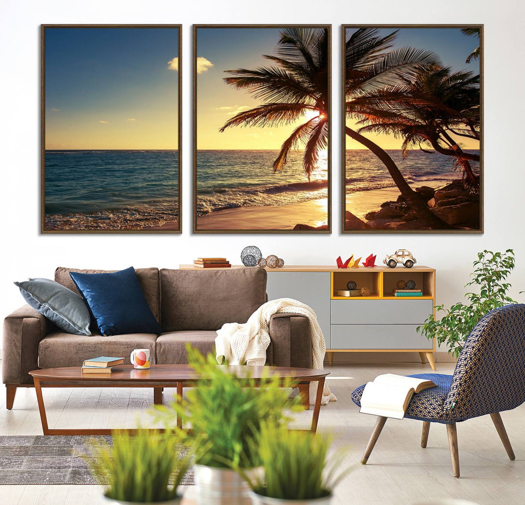 Sunset Palm Trees Wall Art Canvas Print: a serene beach scene on museum-quality canvas.