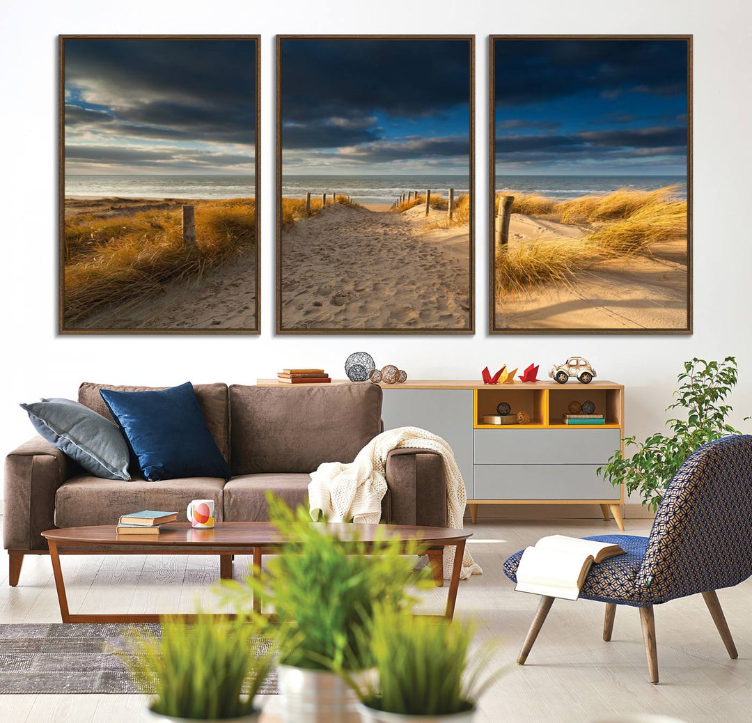 Museum-quality Ocean Beach Dark Clouds canvas print.