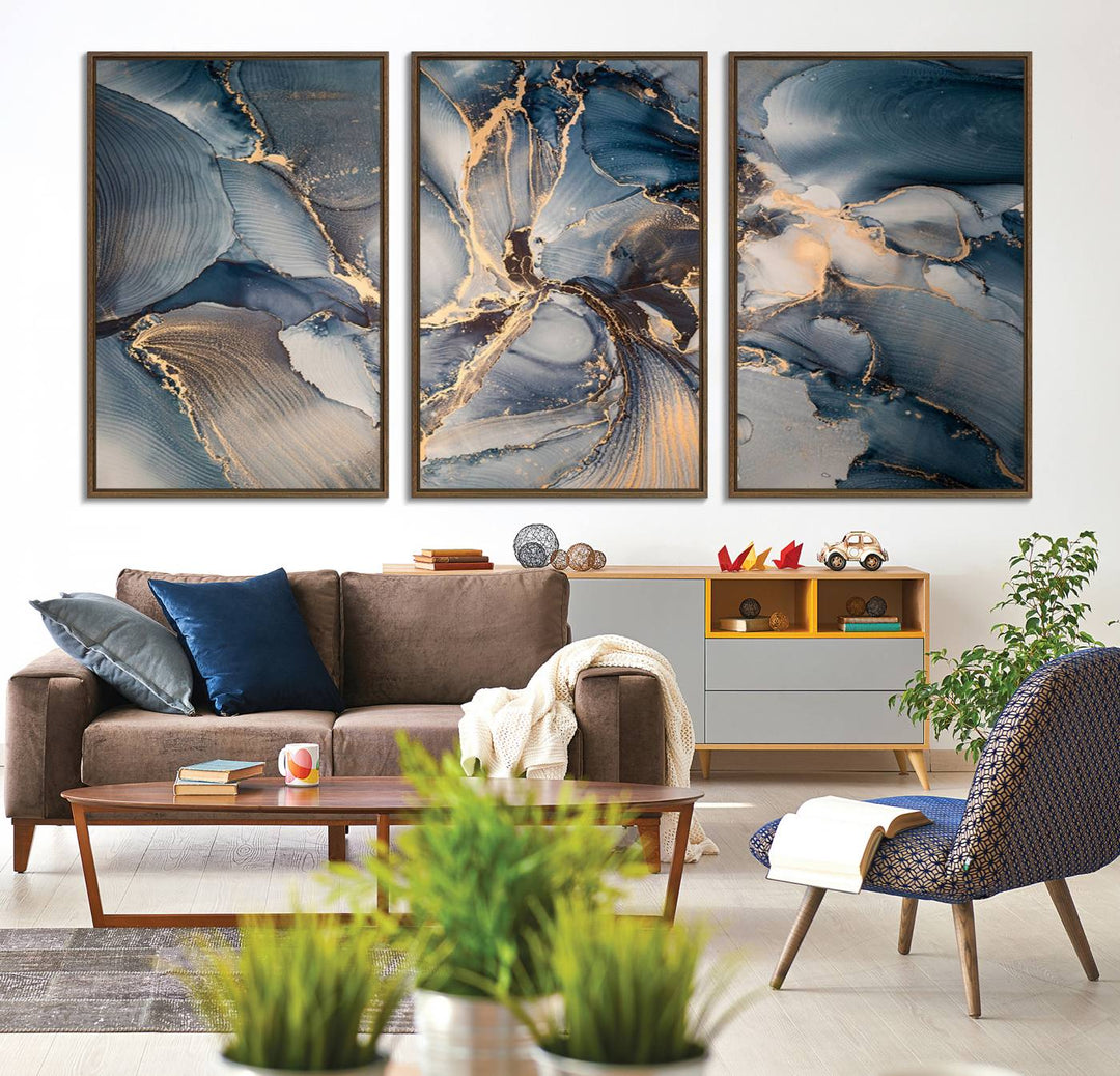 Abstract wall art canvas print is displayed prominently, adding a modern touch to the decor.