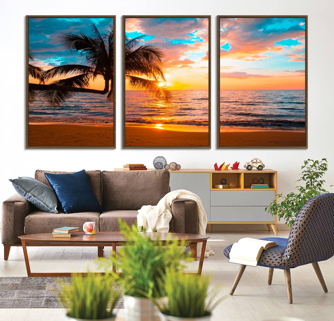 The Palm Tree Sunset On The Beach ready-to-hang canvas wall art—museum quality—brings a serene atmosphere to the room.