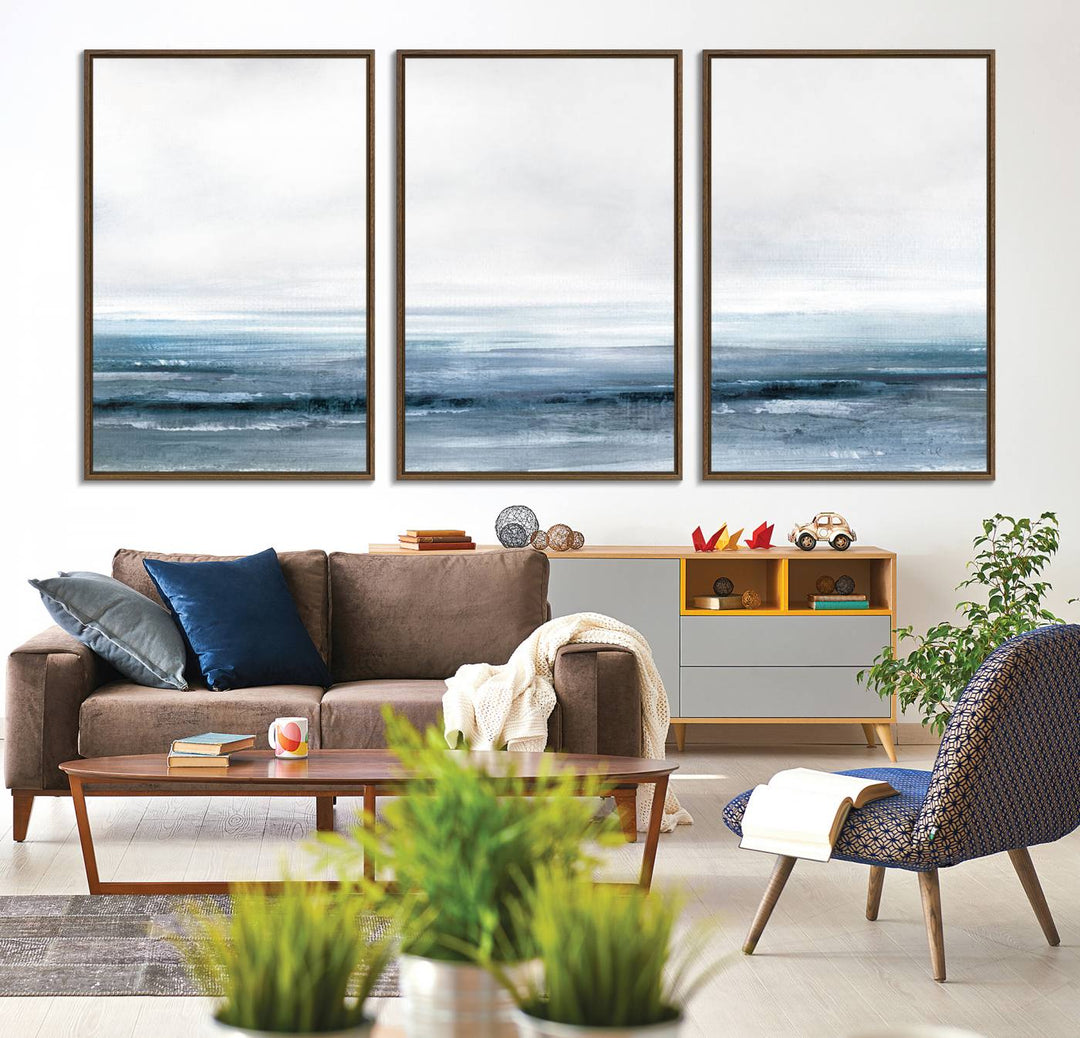 The dining area features Blue Ocean Abstract Artwork on canvas.