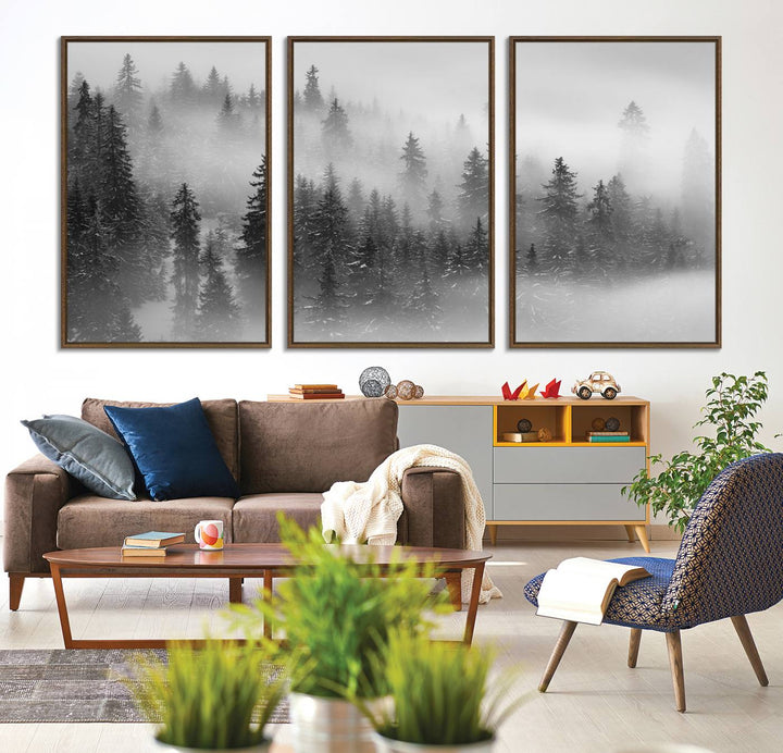 A stunning Foggy Misty Forest Canvas Wall Art adorns the kitchen wall.