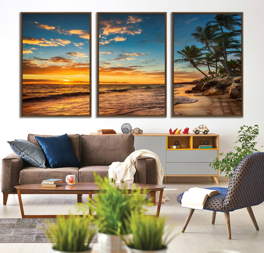 A stunning beach sunset on a museum-quality Sunset Wall Art Canvas Print adorns the kitchen wall.