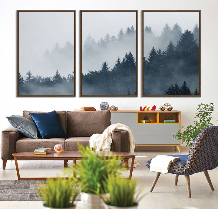 A large Foggy Pine Forest Wall Art Canvas Print.