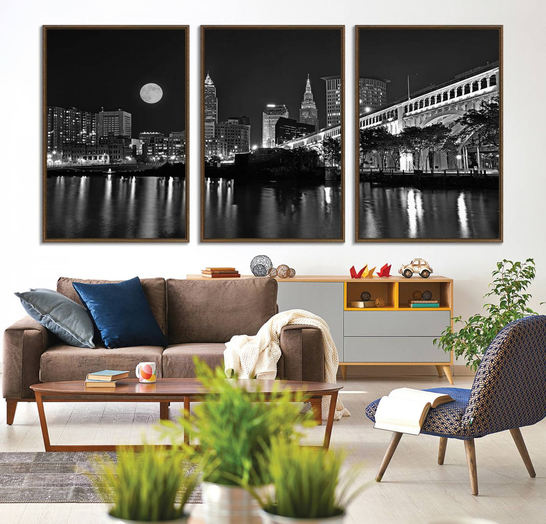 Cleveland Night Skyline Canvas Print: A museum-quality piece, ready to hang, featuring a stunning full moon and its reflections below.