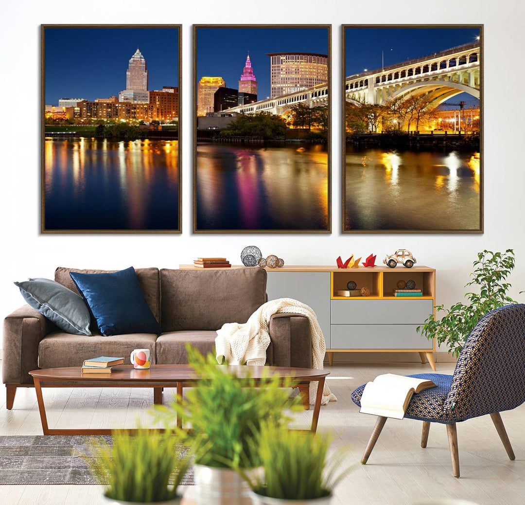 Cleveland Night Skyline Canvas: Cityscape with an illuminated bridge reflecting on calm water.