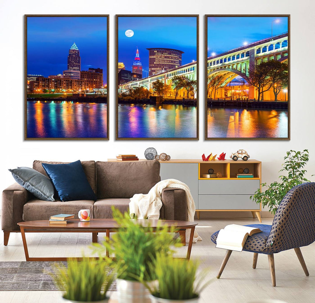 A Cleveland Night Skyline Wall Art on museum-quality canvas showcases a bridge and illuminated buildings.