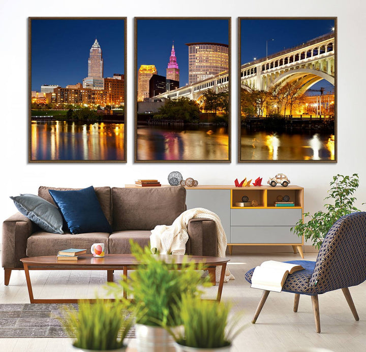 The Cleveland City Lights Canvas showcases a lit-up bridge and cityscape at night.