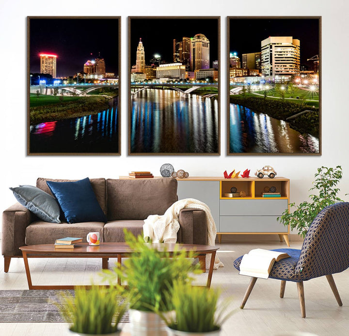 The Columbus City Lights Night Skyline Wall Art Canvas Print adorns the wall.