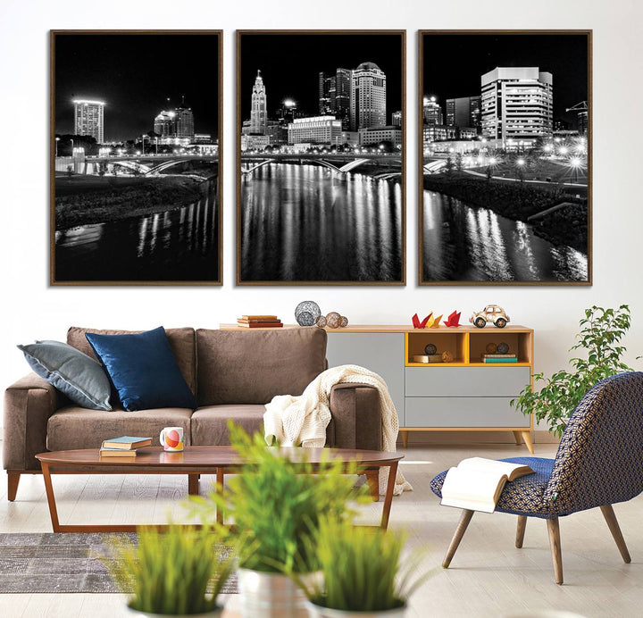 Columbus City Lights Skyline Black and White Canvas with UV coating.