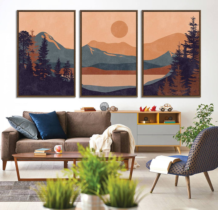 The Modern Boho Sunset Triptych displays a mountain sunset.