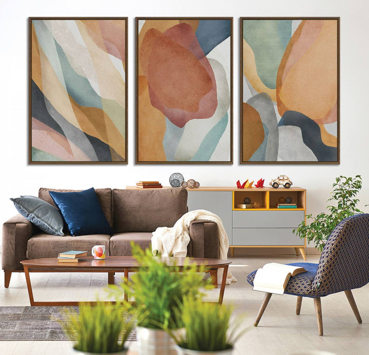 Boho Wall Art Canvas Print Set with warm earthy tones hangs prominently, showcasing its vibrant design.