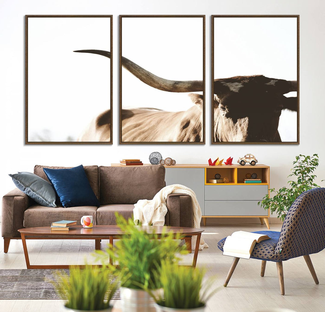 A 3-panel Texas Longhorn canvas adds a touch of rustic Western decor.