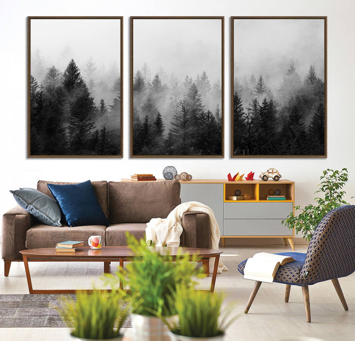 The Foggy B&W Forest Wall Art, featuring pine trees, enhances the minimalist kitchen ambiance.