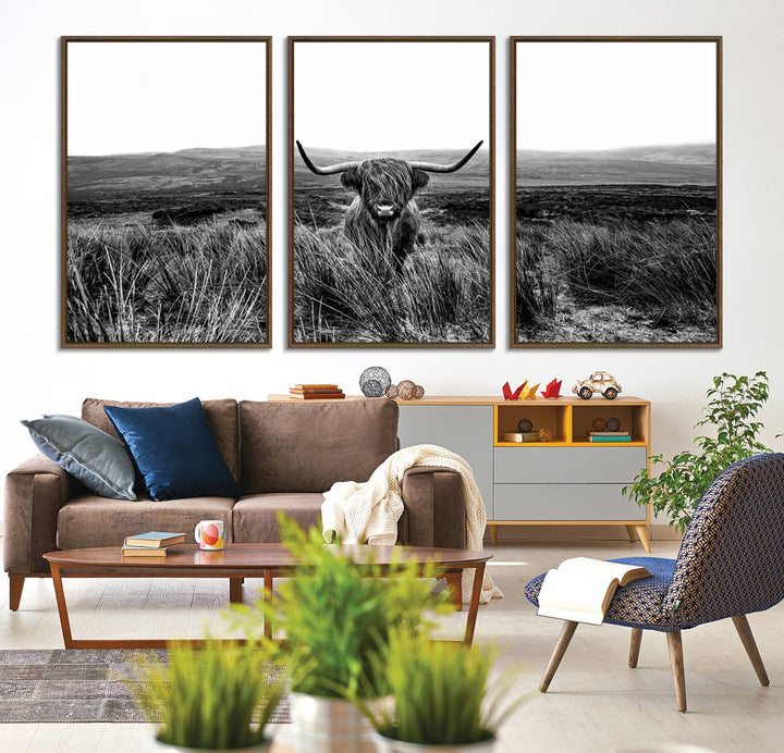 Dining room featuring a Black and White Highland Cow Canvas for a Western-themed decor.