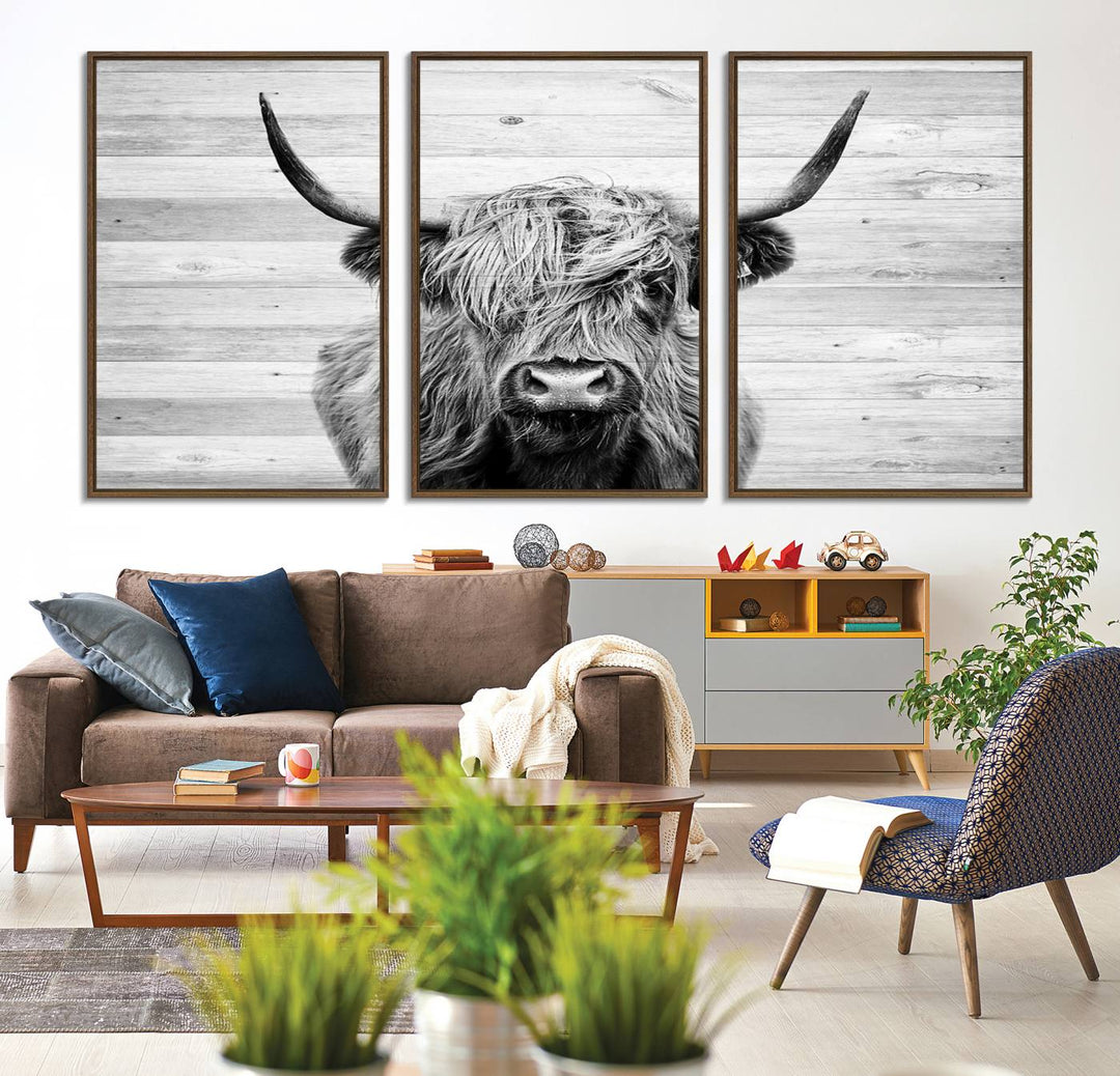 Scottish Highland Cow Cattle Art adds rustic farmhouse charm to the space.