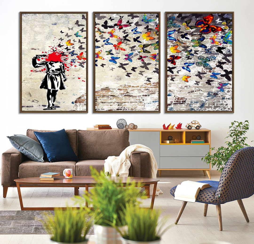 Banksy Art Butterfly Girl Explosion: Vibrant urban graffiti canvas for modern interiors, ready to hang.