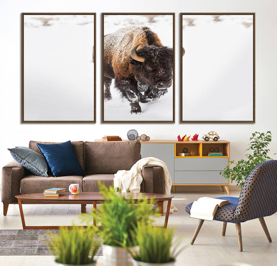 Bison Winter Wall Art Canvas Print for farmhouse decor.