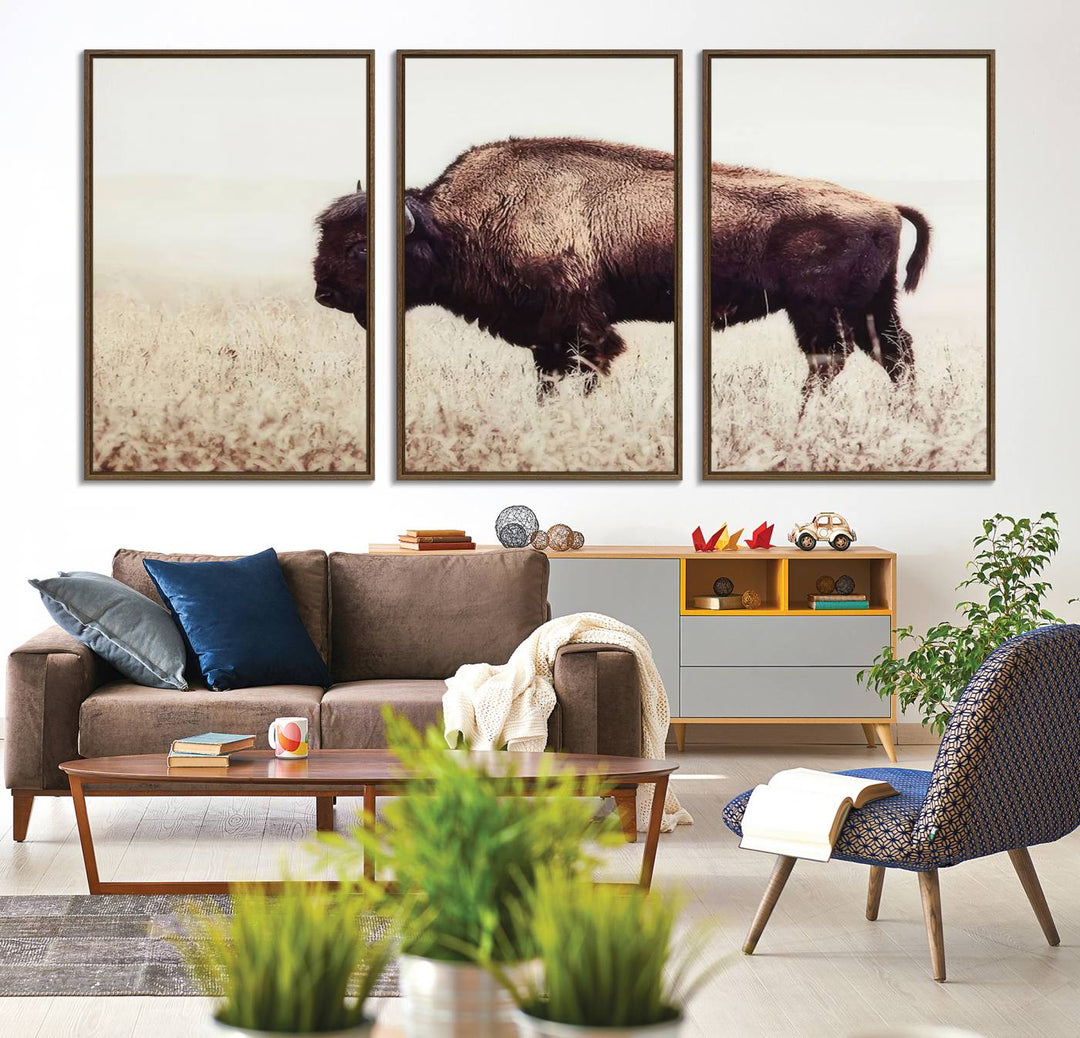 The dining room showcases the Bison in Field canvas print.