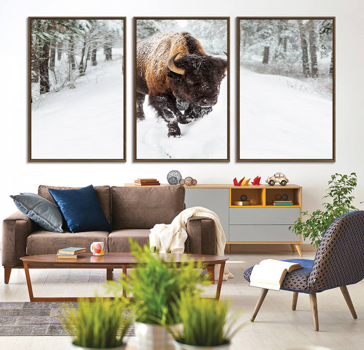 The dining area showcases the Bison Wall Art Canvas Print for Farmhouse.