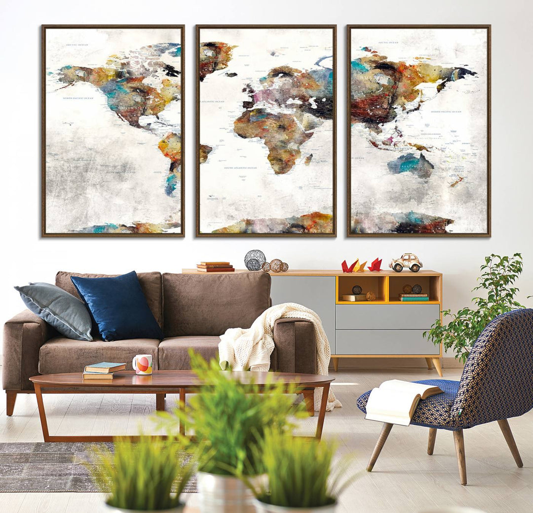 The Colorful World Map Wall Art Canvas Print adds vibrance to the space, ideal for geography lovers.