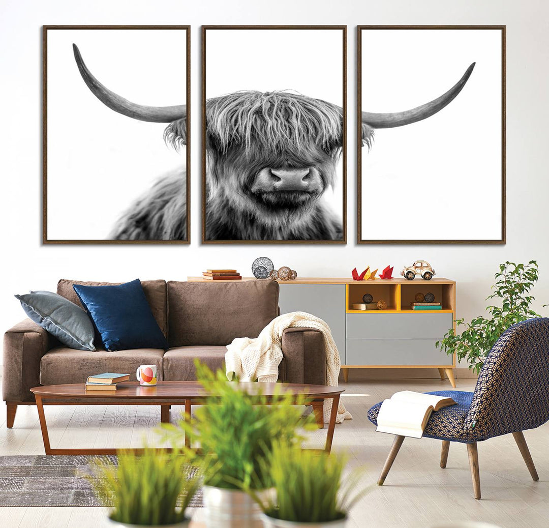 A Scottish Highland Cow Art Canvas adds charm to the farmhouse decor.