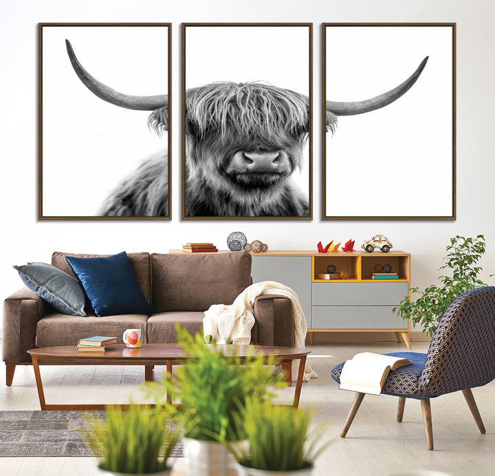 A Scottish Highland Cow Art Canvas adds charm to the farmhouse decor.