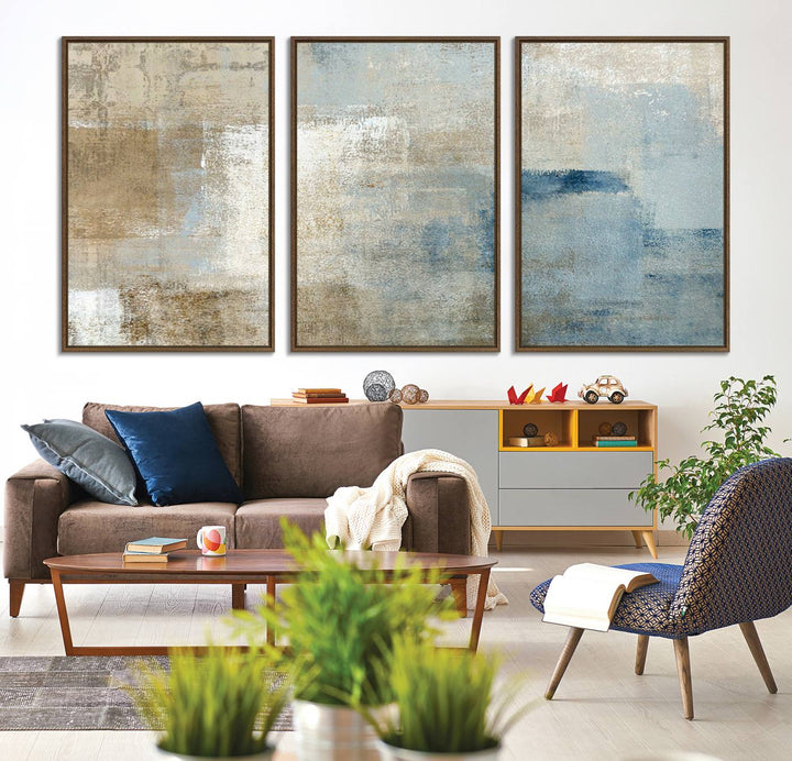 Abstract Blue and Beige Wall Art canvas print set with a modern minimalist aesthetic.