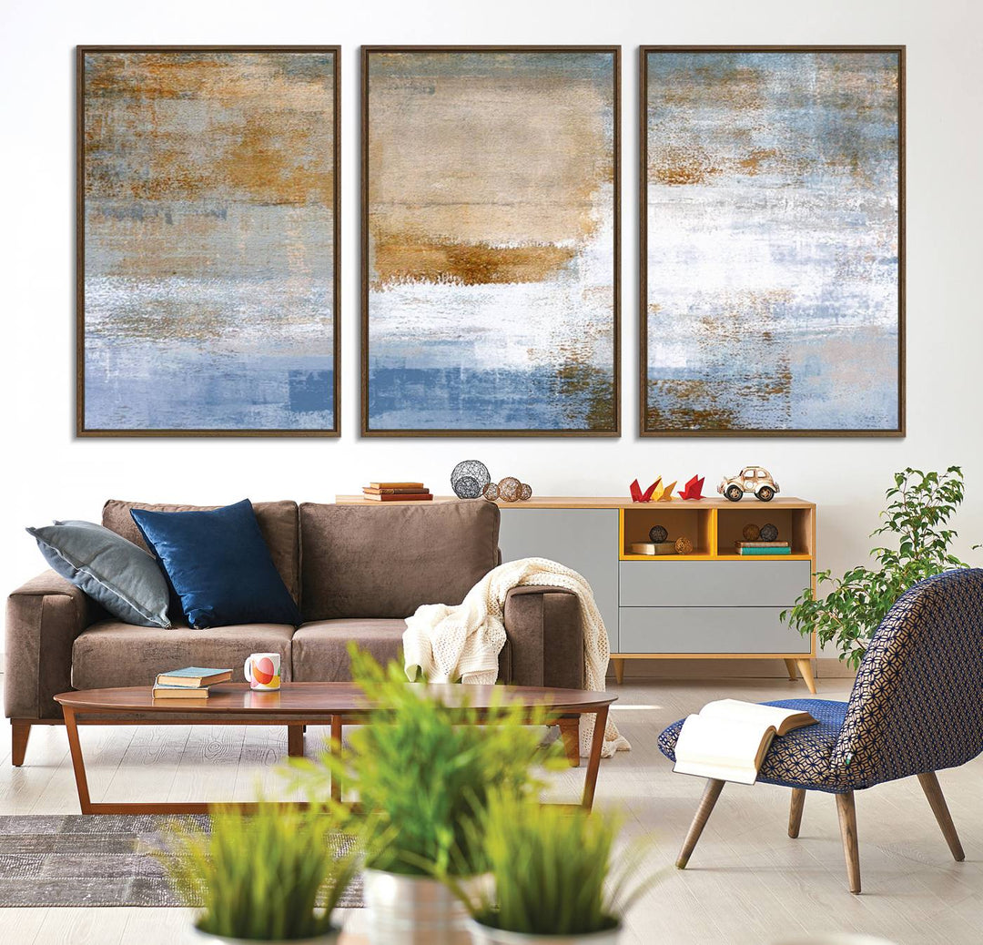 Blue Multi Panel Abstract Wall Art Canvas Print.