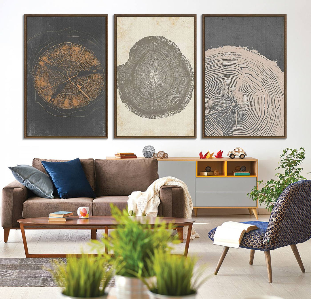 The vibrant Boho Tree Ring Wall Art adds a touch of farmhouse decor with its rustic charm.