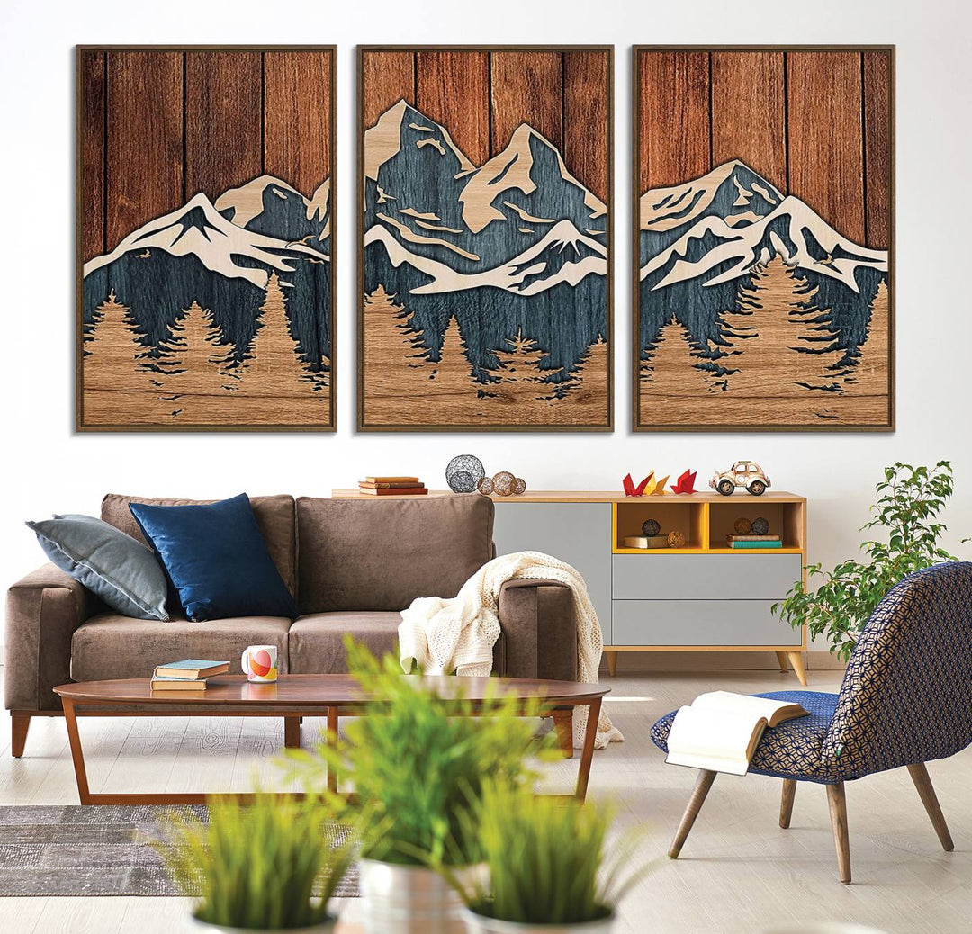 Rustic Wood Style Mountain Wall Art hangs on the wall.