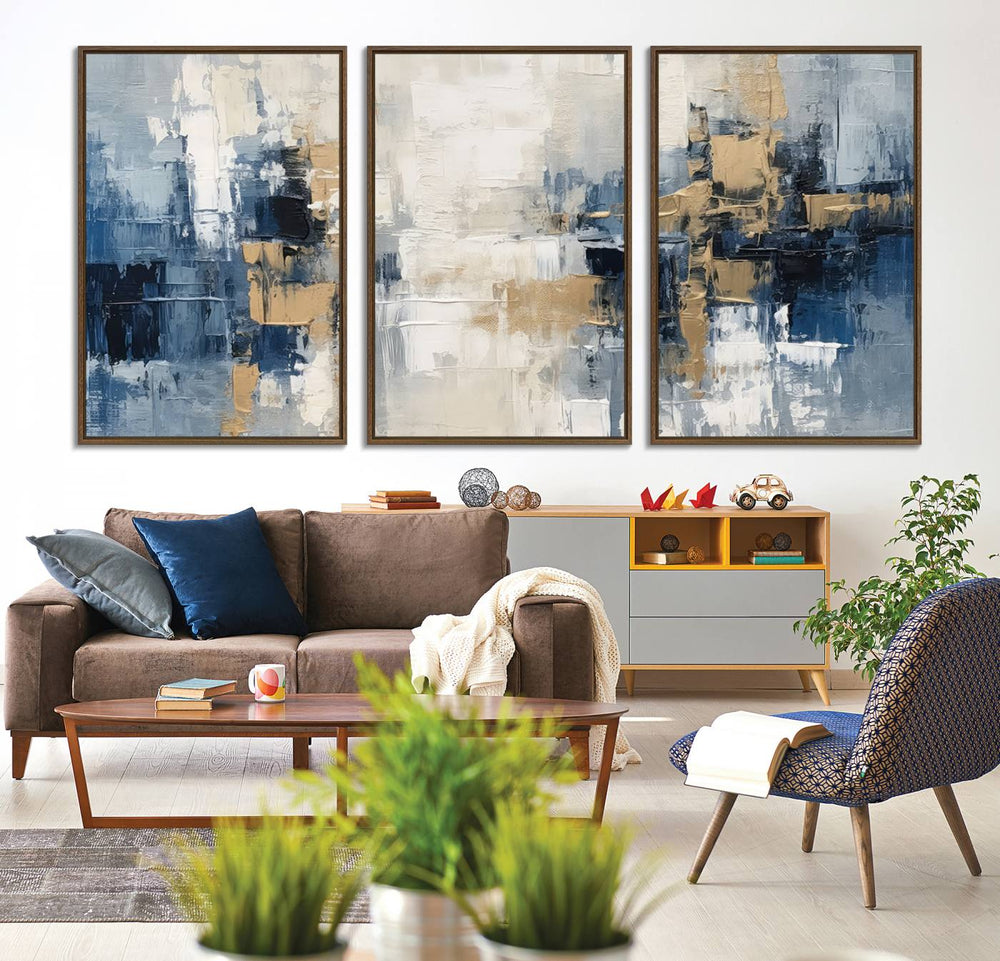 Modern Abstract Canvas Wall Art in blue and gold featured prominently in the dining area.