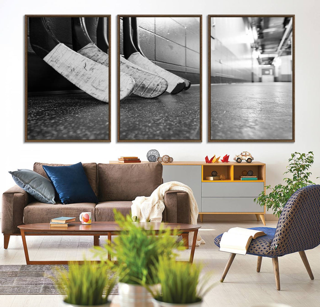 Ice Hockey Wall Art Canvas Print features a UV-protected black and white photo of hockey sticks.