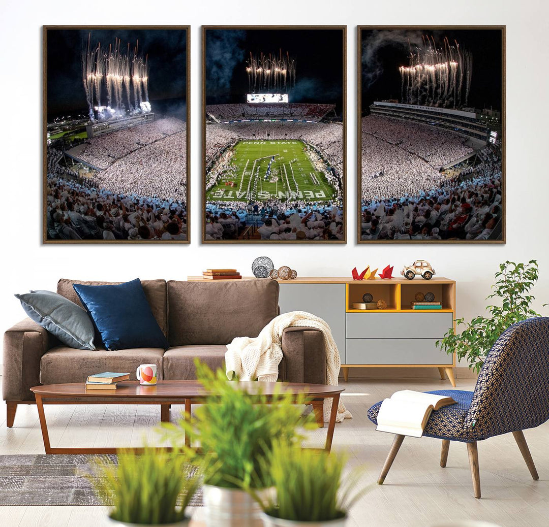 The perfect Penn State Football canvas wall art features a depiction of Beaver Stadium filled with fans in white, with fireworks exploding above.